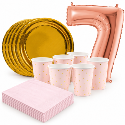 7-årskalas, Rosa och guld, kalaspaket, 6 gäster – samlat paketinnehåll