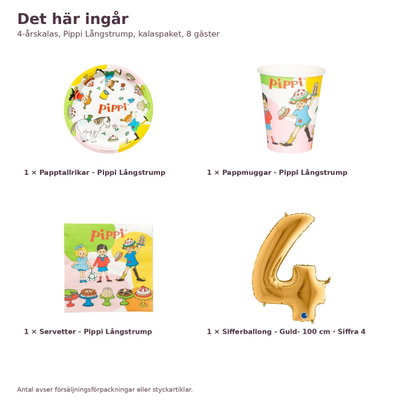 4-årskalas, Pippi Långstrump, kalaspaket, 8 gäster – innehåll och antal, sifferballong 100 cm