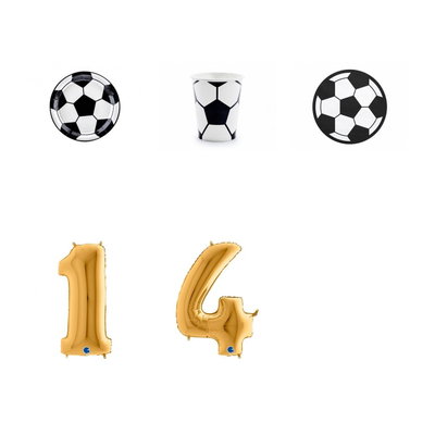 14-årskalas, Fotboll, kalaspaket, 6 gäster – paketets produkter med sifferballong 100 cm
