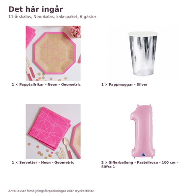 11-årskalas, Neonkalas, kalaspaket, 6 gäster – innehåll och antal, sifferballong 100 cm