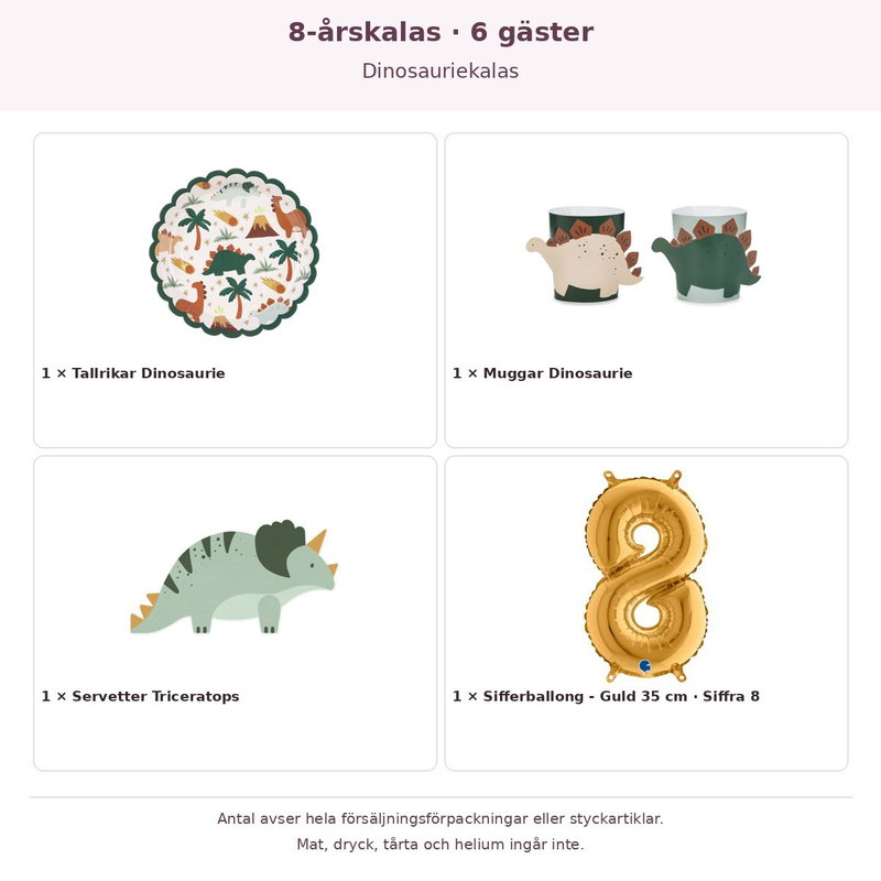 8-årskalas, Dinosauriekalas, kalaspaket, 6 gäster – innehåll och antal förpackningar