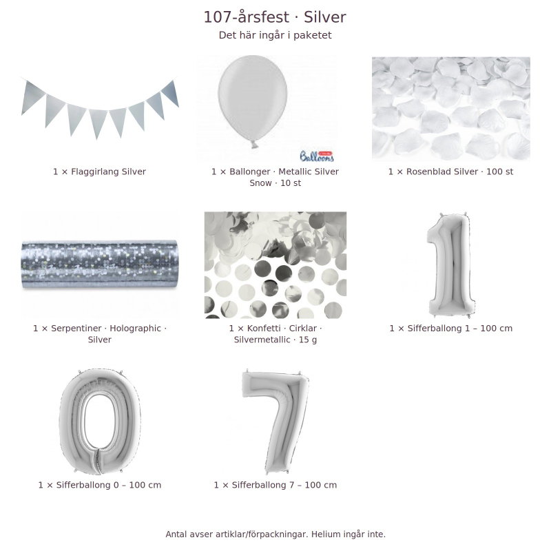 107-års festpaket, Silver, Stor – innehåll och antal förpackningar