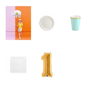 1-årskalas, Elefantkalas, kalaspaket, 6 gäster – paketets produkter med sifferballong 100 cm