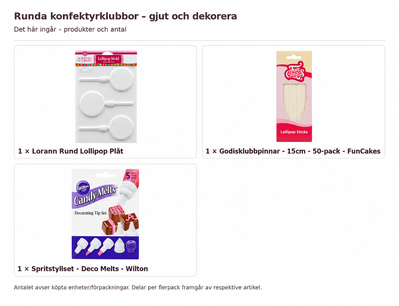 Innehåll och antal: Runda konfektyrklubbor – gjut och dekorera