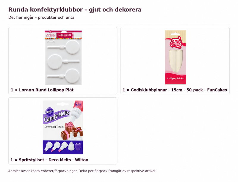Innehåll och antal: Runda konfektyrklubbor – gjut och dekorera