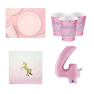 4-årskalas, Enhörningskalas, kalaspaket, 8 gäster – paketets produkter med sifferballong 100 cm