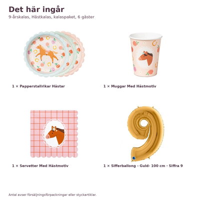 9-årskalas, Hästkalas, kalaspaket, 6 gäster – innehåll och antal, sifferballong 100 cm