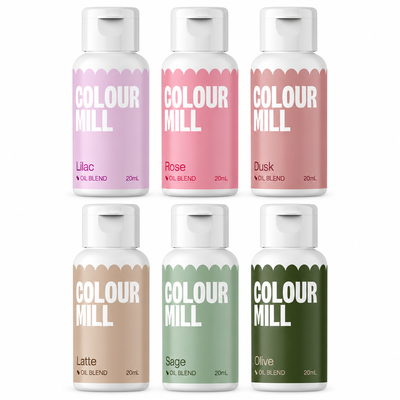 Färgpaket Botanicals, Oljebaserade ätbara färger - Colour Mill – färgflaskor på vit bakgrund
