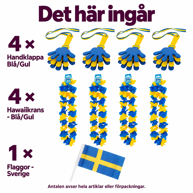 Sverigefirande – flaggor och handklappor för fyra – innehåll och antal