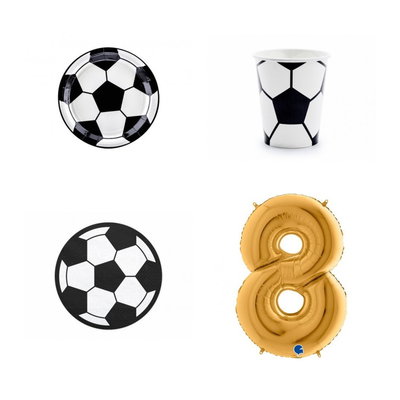 8-årskalas, Fotboll, kalaspaket, 6 gäster – paketets produkter med sifferballong 100 cm