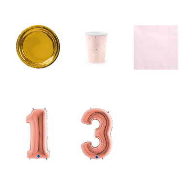 13-årskalas, Rosa och guld, kalaspaket, 6 gäster – paketets produkter med sifferballong 100 cm