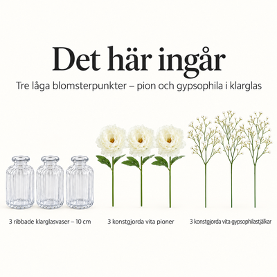 Det här ingår – Tre låga blomsterpunkter – pion och gypsophila i klarglas