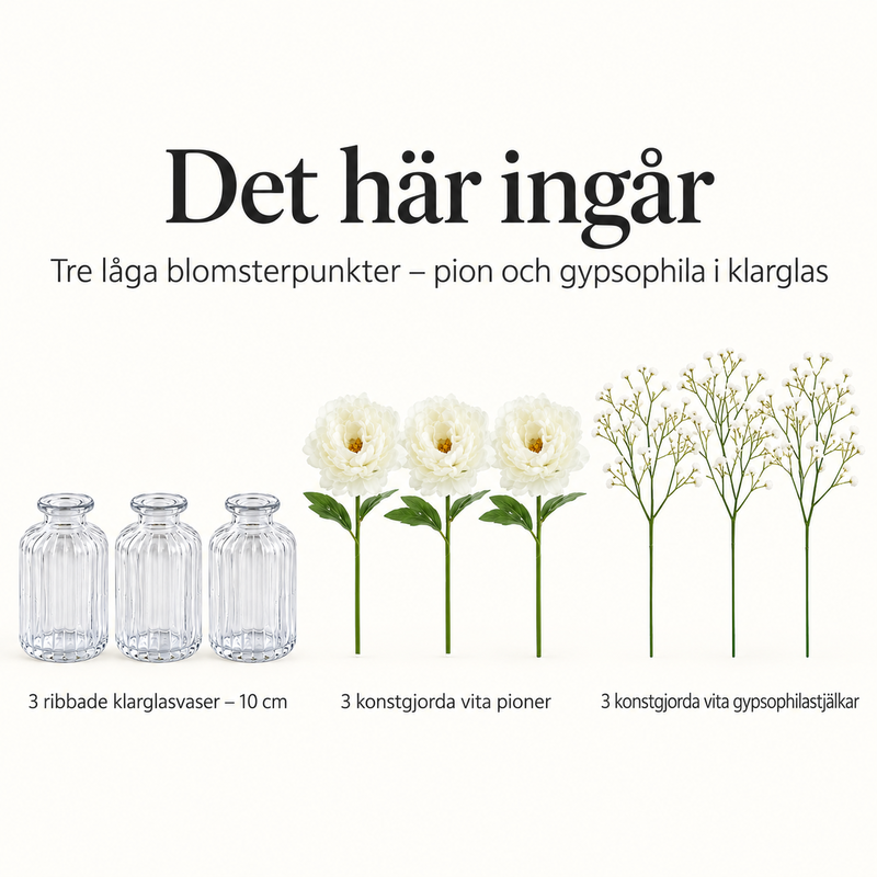 Det här ingår – Tre låga blomsterpunkter – pion och gypsophila i klarglas