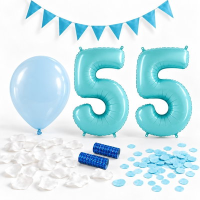 55-års festpaket, Blått, Stor – paketets dekorationer på vit bakgrund