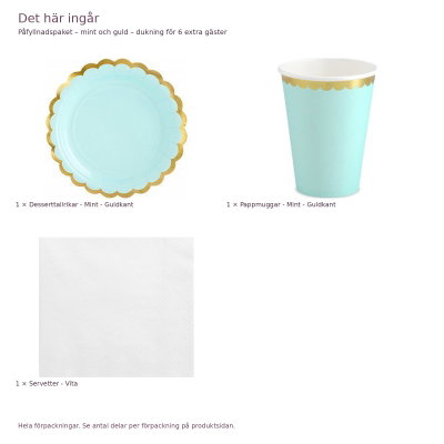 Påfyllnadspaket – mint och guld – dukning för 6 extra gäster – innehåll och antal förpackningar
