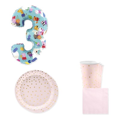 Greta Gris – 3-årskalas – rosa dukning och ballong, 18 gäster