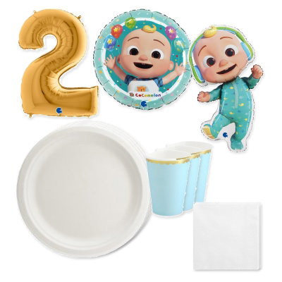 CoComelon – 2-årskalas – dukning och ballong för 18 gäster – paketets samlade innehåll