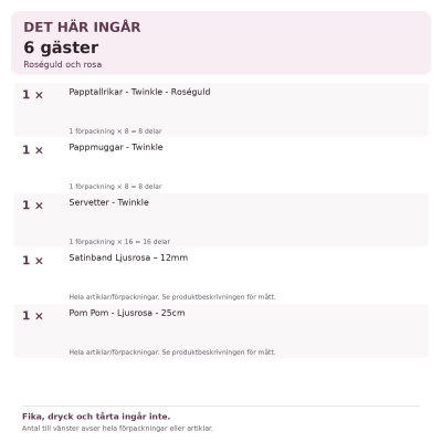 Dop flicka – roséguld och rosa – fikadukning, 6 gäster – innehåll och antal
