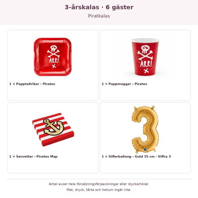 3-årskalas, Piratkalas, kalaspaket, 6 gäster – innehåll och antal förpackningar