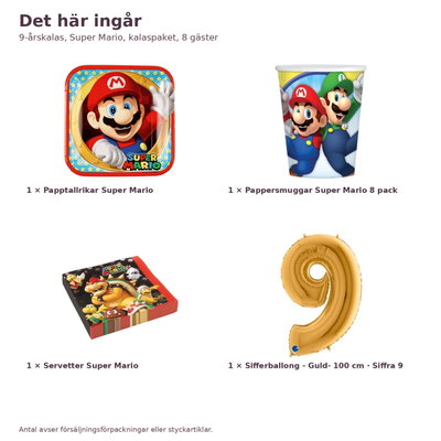 9-årskalas, Super Mario, kalaspaket, 8 gäster – innehåll och antal, sifferballong 100 cm