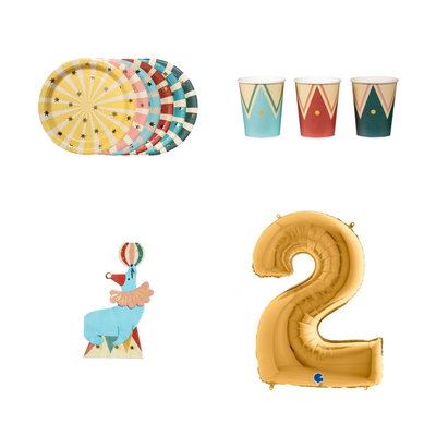 2-årskalas, Cirkus, kalaspaket, 6 gäster – paketets produkter med sifferballong 100 cm