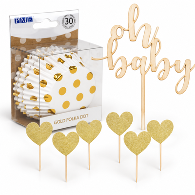 Babyshower – tårtbordspaket – guld – samlat paketinnehåll