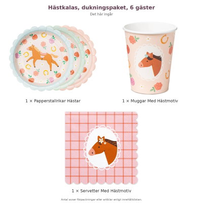 Hästkalas, dukningspaket, 6 gäster – innehåll och antal förpackningar