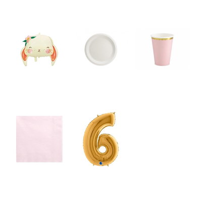 6-årskalas, Kaninkalas, kalaspaket, 6 gäster – paketets produkter med sifferballong 100 cm