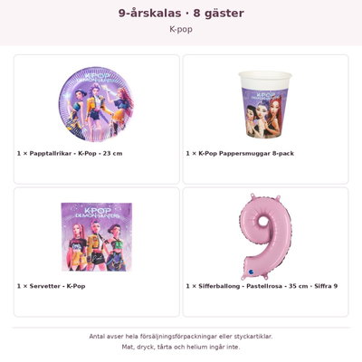 9-årskalas, K-pop, kalaspaket, 8 gäster – innehåll och antal förpackningar