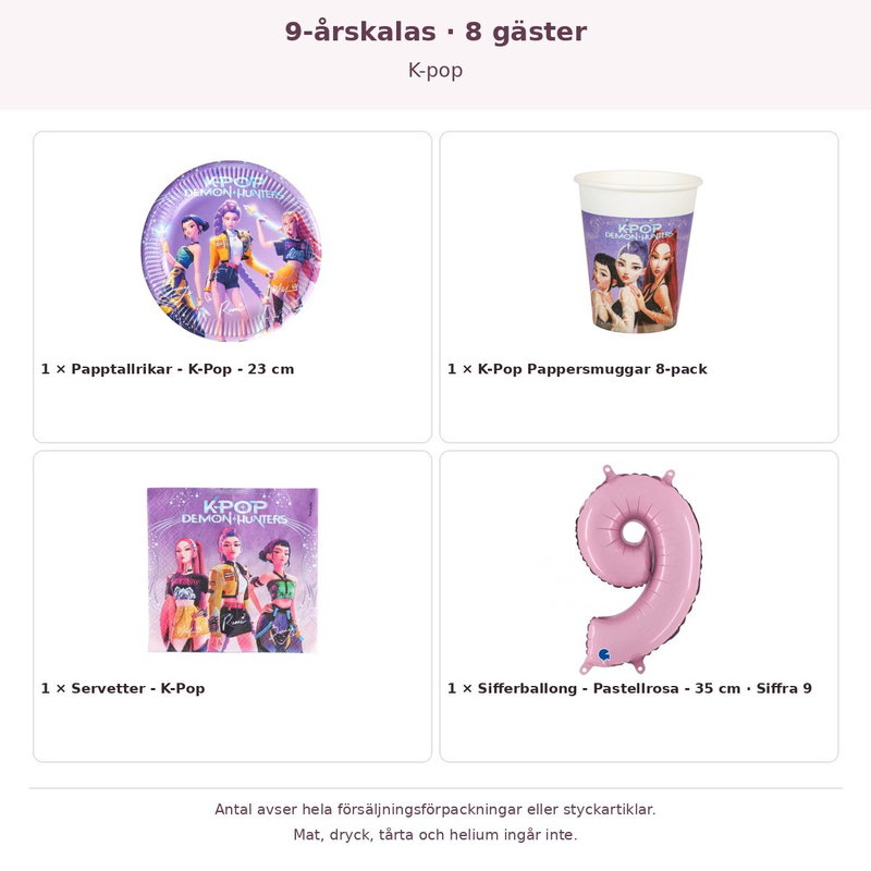 9-årskalas, K-pop, kalaspaket, 8 gäster – innehåll och antal förpackningar