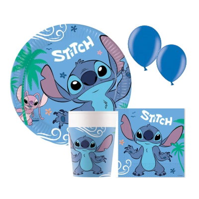 Stitch & Angel Bas – samlingsbild med motivdukning och blå ballonger