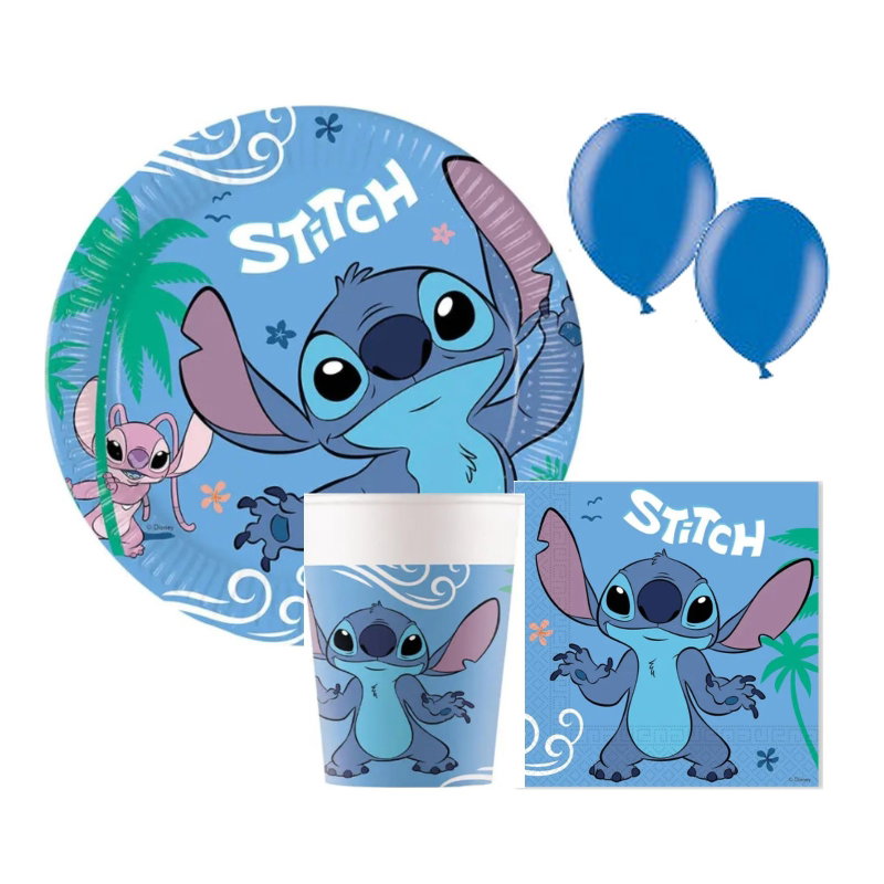 Stitch & Angel Bas – samlingsbild med motivdukning och blå ballonger