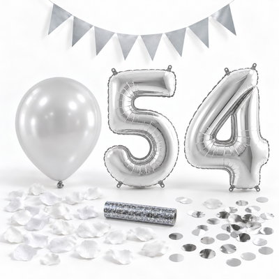 54-års festpaket, Silver, Stor – paketets dekorationer på vit bakgrund