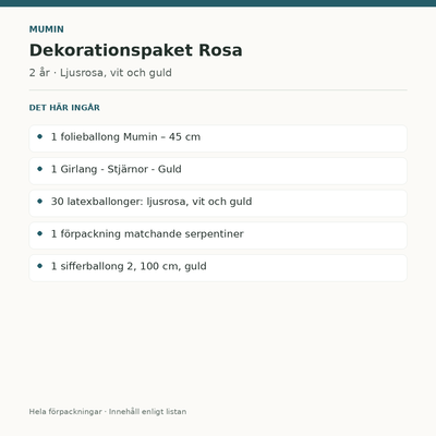 Mumin 2 år – dekorationspaket Rosa – innehåll och antal