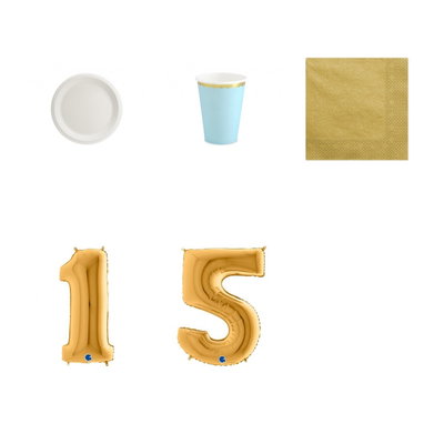 15-årskalas, Ljusblått och guld, kalaspaket, 6 gäster – paketets produkter med sifferballong 100 cm