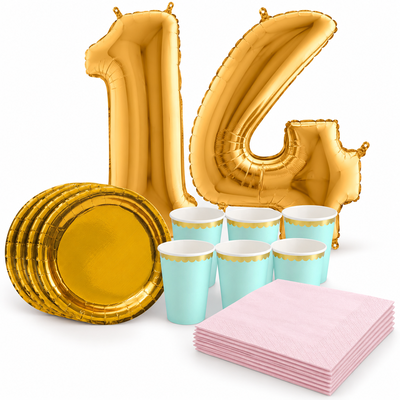 14-årskalas, Mint, rosa och guld, kalaspaket, 6 gäster – samlat paketinnehåll