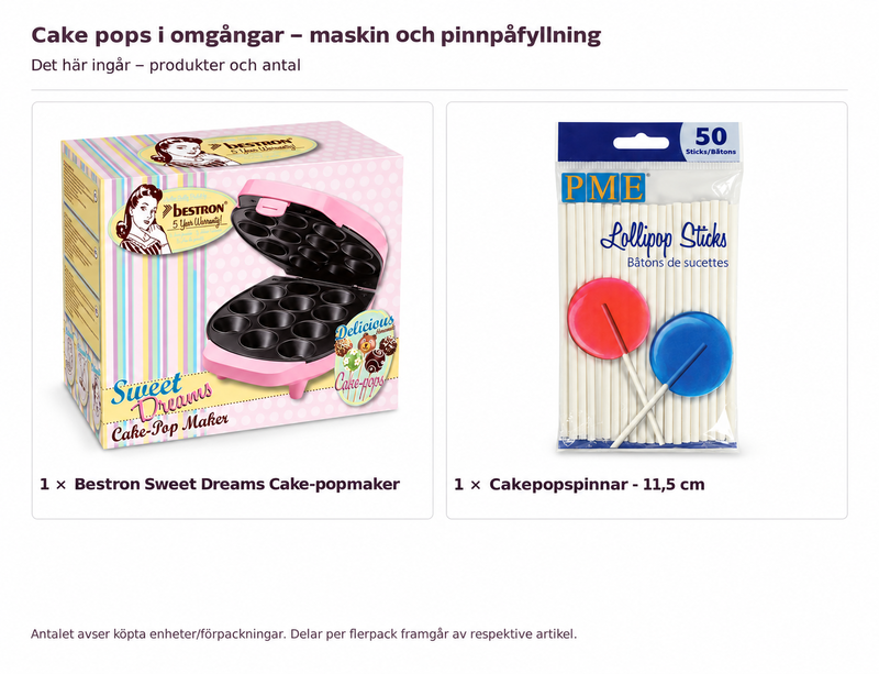 Innehåll och antal: Cake pops i omgångar – maskin och pinnpåfyllning