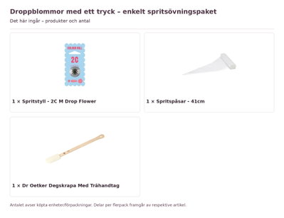Droppblommor med ett tryck – enkelt spritsövningspaket – innehåll och antal förpackningar