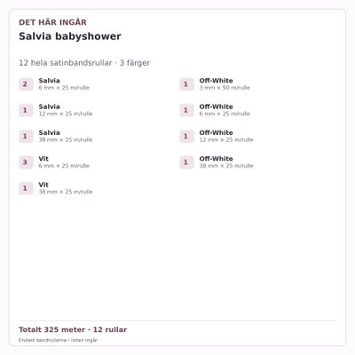 Det här ingår – Satinbandspaket – Salvia babyshower – 12 rullar