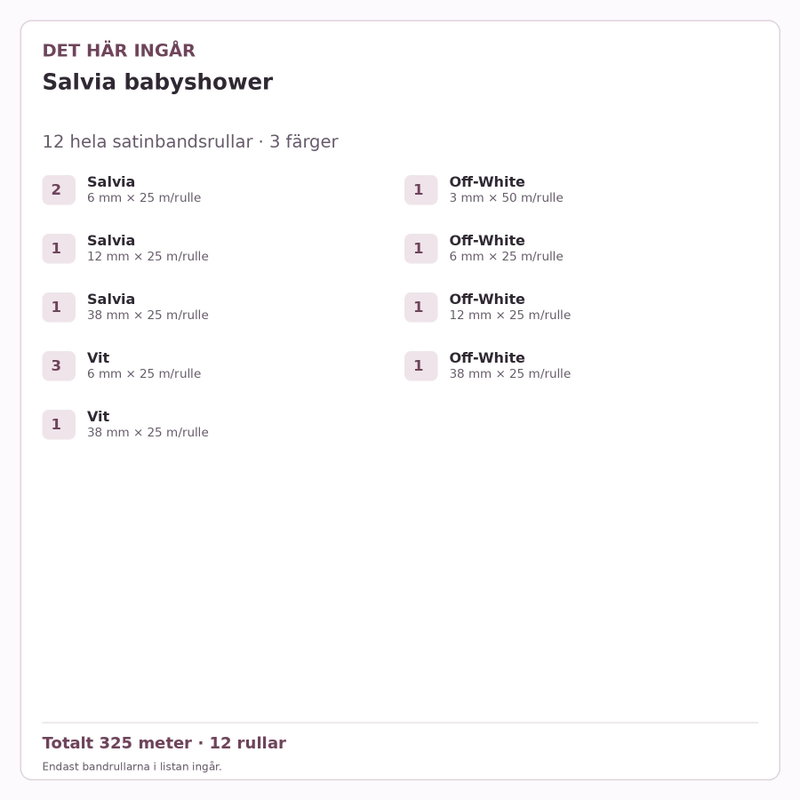 Det här ingår – Satinbandspaket – Salvia babyshower – 12 rullar