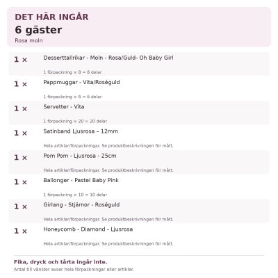 Dop flicka – rosa moln – fikadukning & dekorationer, 6 gäster – innehåll och antal