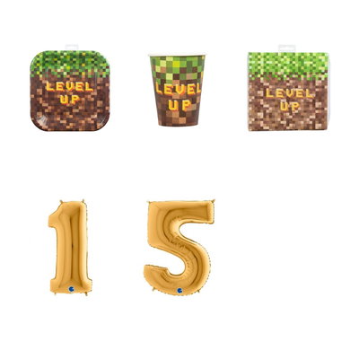 15-årskalas, Minecraft-kalas, kalaspaket, 8 gäster – paketets produkter med sifferballong 100 cm