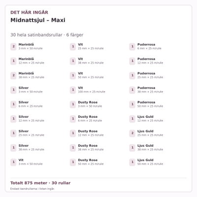 Det här ingår – Satinbandspaket – Midnattsjul – Maxi – 30 rullar