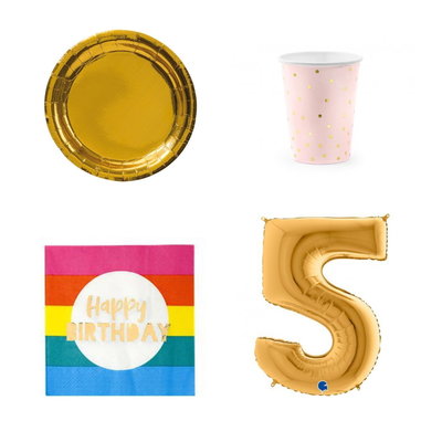 5-årskalas, Regnbåge, kalaspaket, 6 gäster – paketets produkter med sifferballong 100 cm