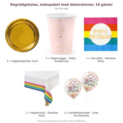 Regnbågskalas, kalaspaket med dekorationer, 16 gäster – innehåll och antal förpackningar