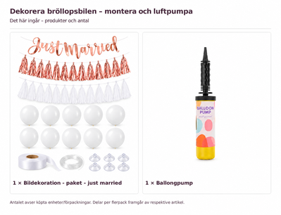 Innehåll och antal: Dekorera bröllopsbilen – montera och luftpumpa