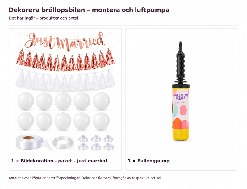 Innehåll och antal: Dekorera bröllopsbilen – montera och luftpumpa