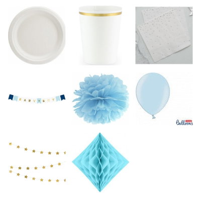 Babyshower pojke – silver och blått – fika och dekorationer, 12 gäster – produktöversikt