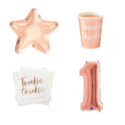 1-årskalas, Twinkle, kalaspaket, 8 gäster – paketets produkter med sifferballong 100 cm