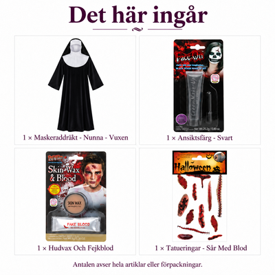 Det här ingår i Skräcknunna – vuxenklänning, mörk sminkning och sår